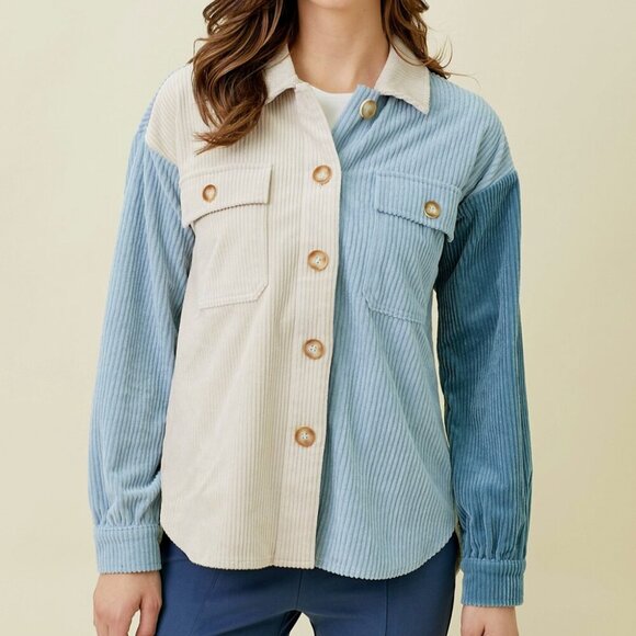 MYSTREE HIGH & LOW COLOUR BLOCK CORDUROY SHACKET - Picture 2 of 7